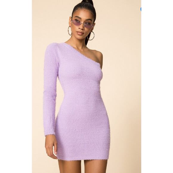 Superdown Revolve Christine One Shoulder Dress Sweater Dress Fuzzy Lavender Lg - Picture 1 of 15
